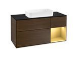 Villeroy und Boch Finion Waschtischunterschrank F302HFGN 120cm, Abdeckplatte black matt, Regal rechts Gold matt, Walnut veneer