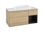 Villeroy und Boch Finion Waschtischunterschrank G301PDPC 120cm, Abdeckplatte white matt, Emotion, Regal rechts Black matt lacquer, Oak Veneer