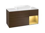 Villeroy und Boch Finion Waschtischunterschrank F301HFGN 120cm, Abdeckplatte white matt, Regal rechts Gold matt, Walnut veneer