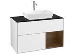 Villeroy und Boch Finion Waschtischunterschrank F782GNGF 100cm, Abdeckplatte black matt, Regale Walnut Veneer, Glossy white lacquer
