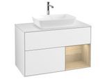 Villeroy und Boch Finion Waschtischunterschrank F781PCGF 100cm, Abdeckplatte white matt, Regale Oak Veneer, Glossy white lacquer