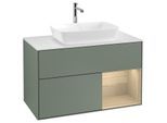 Villeroy und Boch Finion Waschtischunterschrank F781PCGM 100cm, Abdeckplatte white matt, Regale Oak Veneer, Olive Matt Lacquer