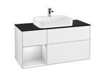 Villeroy und Boch Finion Waschtischunterschrank G412MTGF 120cm, Abdeckplatte black matt, Emotion, Regal links White matt lacquer, Glossy white lacquer