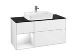 Villeroy und Boch Finion Waschtischunterschrank G412GFGF 120cm, Abdeckplatte black matt, Emotion, Regal links Glossy white lacquer, Glossy white lacquer