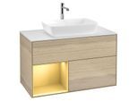 Villeroy und Boch Finion Waschtischunterschrank G771HFPC 100cm, Abdeckplatte white matt, Emotion, Regale Gold matt lacquer, Oak Veneer