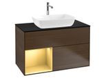 Villeroy und Boch Finion Waschtischunterschrank G772HFGN 100cm, Abdeckplatte black matt, Emotion, Regale Gold matt lacquer, Walnut veneer
