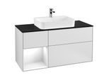 Villeroy und Boch Finion Waschtischunterschrank F412GFMT 120cm, Abdeckplatte black matt, Regal links Glossy white lacquer, White matt lacquer