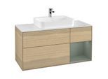 Villeroy und Boch Finion Waschtischunterschrank F421GMPC 120cm, Abdeckplatte white matt, Regal rechts Olive Matt Lacquer, Oak Veneer