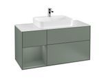 Villeroy und Boch Finion Waschtischunterschrank F411GMGM 120cm, Abdeckplatte white matt, Regal links Olive Matt Lacquer, Olive Matt Lacquer