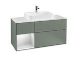 Villeroy und Boch Finion Waschtischunterschrank F411MTGM 120cm, Abdeckplatte white matt, Regal links White matt lacquer, Olive Matt Lacquer