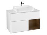 Villeroy und Boch Finion Waschtischunterschrank G371GNGF 100cm, Abdeckplatte white matt, Emotion, Regal rechts Walnut veneer, Glossy white lacquer