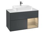 Villeroy und Boch Finion Waschtischunterschrank F371PCHG 100cm, Abdeckplatte white matt, Regal rechts Oak Veneer, Midnight Blue Matt Lacquer