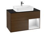 Villeroy und Boch Finion Waschtischunterschrank F372MTGN 100cm, Abdeckplatte black matt, Regal rechts White matt lacquer, Walnut veneer