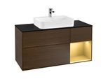 Villeroy und Boch Finion Waschtischunterschrank F422HFGN 120cm, Abdeckplatte black matt, Regal rechts Gold matt, Walnut veneer