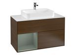 Villeroy und Boch Finion Waschtischunterschrank G361GMGN 100cm, Abdeckplatte white matt, Emotion, Regal links Olive Matt Lacquer, Walnut veneer