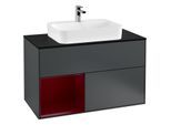 Villeroy und Boch Finion Waschtischunterschrank F362HBHG 100cm, Abdeckplatte black matt, Regal links Peony, Midnight Blue Matt Lacquer