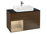 Villeroy und Boch Finion Waschtischunterschrank F362PCGN 100cm, Abdeckplatte black matt, Regal links Oak Veneer, Walnut veneer