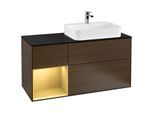 Villeroy und Boch Finion Waschtischunterschrank G392HFGN 120cm, Abdeckplatte black matt, Emotion, Regal links Gold matt, Walnut veneer