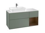Villeroy und Boch Finion Waschtischunterschrank F401GNGM 120cm, Abdeckplatte white matt, Regal rechts Walnut veneer, Olive Matt Lacquer