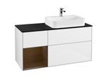Villeroy und Boch Finion Waschtischunterschrank F392GNGF 120cm, Abdeckplatte black matt, Regal links Walnut veneer, Glossy white lacquer
