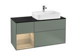 Villeroy und Boch Finion Waschtischunterschrank F392PCGM 120cm, Abdeckplatte black matt, Regal links Oak Veneer, Olive Matt Lacquer