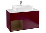 Villeroy und Boch Finion Waschtischunterschrank F111GNHB 100cm, Abdeckplatte black matt, Regal links Walnut veneer, Peony Matt