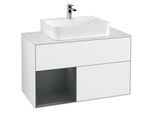 Villeroy und Boch Finion Waschtischunterschrank F111HGGF 100cm, Abdeckplatte black matt, Regal links Midnight Blue Matt Lacquer, Glossy white lacquer
