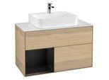 Villeroy und Boch Finion Waschtischunterschrank F111PDPC 100cm, Abdeckplatte black matt, Regal links Black matt lacquer, Oak Veneer