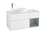 Villeroy und Boch Finion Waschtischunterschrank F931GMGF 120cm, Abdeckplatte white matt, Regale Olive matt lacquer, Glossy white lacquer
