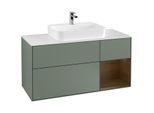 Villeroy und Boch Finion Waschtischunterschrank F421GNGM 120cm, Abdeckplatte white matt, Regal rechts Walnut veneer, Olive Matt Lacquer