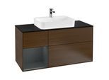 Villeroy und Boch Finion Waschtischunterschrank F412HGGN 120cm, Abdeckplatte black matt, Regal links Midnight Blue Matt Lacquer, Walnut veneer