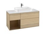 Villeroy und Boch Finion Waschtischunterschrank F411GNPC 120cm, Abdeckplatte white matt, Regal links Walnut veneer, Oak Veneer