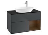 Villeroy und Boch Finion Waschtischunterschrank F902GNHG 100cm, Abdeckplatte black matt, Regale Walnut Veneer, Midnight Blue Matt Lacquer