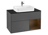 Villeroy und Boch Finion Waschtischunterschrank G372GNGK 100cm, Abdeckplatte black matt, Emotion, Regal rechts Walnut veneer, Anthracite matt