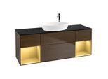 Villeroy und Boch Finion Waschtischunterschrank F982HFGN 160cm, Abdeckplatte black matt, Regale Gold matt lacquer, Walnut veneer