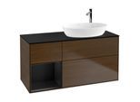 Villeroy und Boch Finion Waschtischunterschrank F922PDGN 120cm, Abdeckplatte black matt, Regale Black matt lacquer, Walnut veneer