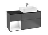 Villeroy und Boch Finion Waschtischunterschrank F142GFGK 120cm, Abdeckplatte Glass Black Matt, Regal links Glossy white lacquer, Anthracite matt