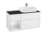 Villeroy und Boch Finion Waschtischunterschrank F142MTGF 120cm, Abdeckplatte Glass Black Matt, Regal links White matt lacquer, Glossy white lacquer