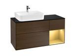 Villeroy und Boch Finion Waschtischunterschrank G152HFGN 120cm, Abdeckplatte black matt, Emotion, Regal links Gold matt, Walnut veneer