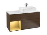 Villeroy und Boch Finion Waschtischunterschrank G141HFGN 120cm, Abdeckplatte white matt, Emotion, Regal links Gold matt, Walnut veneer