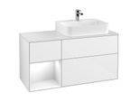 Villeroy und Boch Finion Waschtischunterschrank F141GFGF 120cm, Abdeckplatte glass white Matt, Regal links Glossy white lacquer, Glossy white lacquer