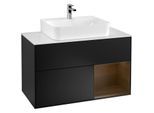 Villeroy und Boch Finion Waschtischunterschrank G121GNPD 100cm, Abdeckplatte white matt, Emotion, Regal rechts Walnut veneer, Black matt lacquer