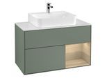 Villeroy und Boch Finion Waschtischunterschrank G121PCGM 100cm, Abdeckplatte white matt, Emotion, Regal rechts Oak Veneer, Olive Matt Lacquer