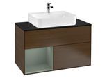 Villeroy und Boch Finion Waschtischunterschrank F112GMGN 100cm, Abdeckplatte white matt, Regal links Olive Matt Lacquer, Walnut veneer