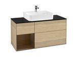 Villeroy und Boch Finion Waschtischunterschrank F162GNPC 120cm, Abdeckplatte black matt, Regal links Walnut veneer, Oak Veneer