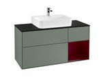 Villeroy und Boch Finion Waschtischunterschrank F172HBGM 120cm, Abdeckplatte black matt, Regal rechts Peony, Olive Matt Lacquer