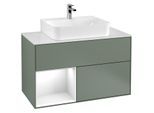Villeroy und Boch Finion Waschtischunterschrank F111GFGM 100cm, Abdeckplatte black matt, Regal links Glossy white lacquer, Olive Matt Lacquer