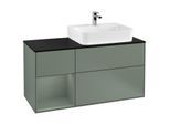 Villeroy und Boch Finion Waschtischunterschrank F142GMGM 120cm, Abdeckplatte Glass Black Matt, Regal links Olive Matt Lacquer, Olive Matt Lacquer