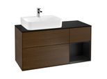 Villeroy und Boch Finion Waschtischunterschrank F152PDGN 120cm, Abdeckplatte black matt, Regal rechts Black matt lacquer, Walnut veneer