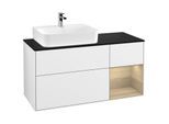 Villeroy und Boch Finion Waschtischunterschrank F152PCGF 120cm, Abdeckplatte black matt, Regal rechts Oak Veneer, Glossy white lacquer